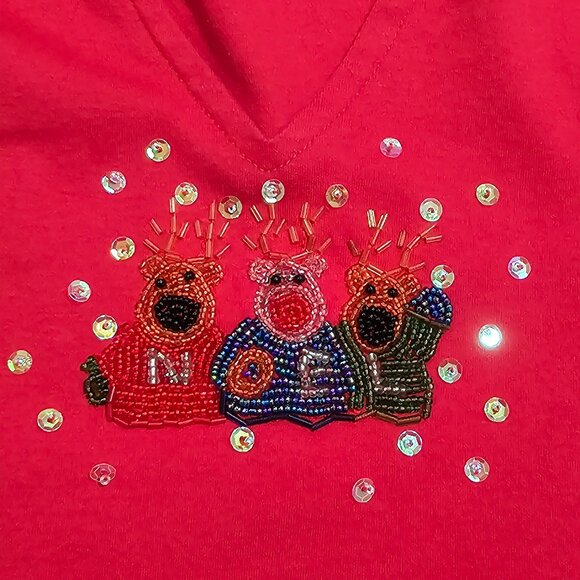 Lisa International Women Red Noel Beaded Top L Christmas Holiday Sparkle Cute - Picture 4 of 7